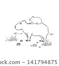 Capybara Mom and cute little Baby in wild nature background. The largest rodent, inhabiting river banks in Central and South America. Wildlife animal outline illustration in sketch style 141794875