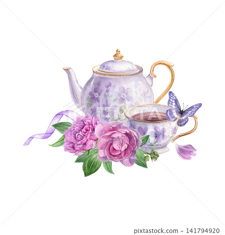 Watercolor illustration of a vintage floral tea set with pink peonies, a purple ribbon, Morpho butterfly and petals. Perfect for stationery, tea packaging, greeting cards, home decor and branding Watercolor illustration of a vintage floral tea set with pink peonies, a purple ribbon, Morpho butterfly and petals. Perfect for stationery, tea packaging, greeting cards, home decor and branding 141794920