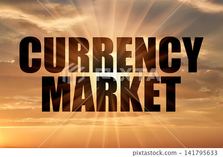 Currency market text against golden sun rays in evening sky 141795633