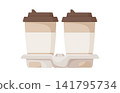 Two takeaway coffee cups in a cardboard carrier, isolated on a white background. Perfect for coffee shop branding, cafe menus, or delivery concepts. Flat style vector illustration 141795734