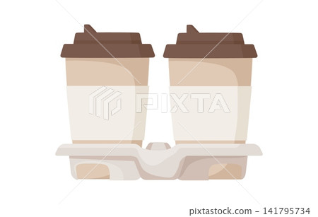 Two takeaway coffee cups in a cardboard carrier, isolated on a white background. Perfect for coffee shop branding, cafe menus, or delivery concepts. Flat style vector illustration Two takeaway coffee cups in a cardboard carrier, isolated on a white background. Perfect for coffee shop branding, cafe menus, or delivery concepts. Flat style vector illustration 141795734