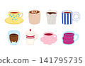 Collection of colorful hand-drawn coffee and tea cups, mugs, and glassware icons set. Vector illustration of cute beverage containers for menu design, stickers, and cafe branding 141795735