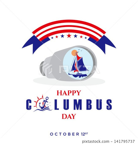 Patriotic Columbus Day vector illustration featuring a spyglass with a sailing ship 141795737