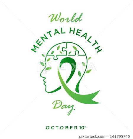 Minimal green vector design for World Mental Health Day featuring a human head silhouette with puzzle pieces Minimal green vector design for World Mental Health Day featuring a human head silhouette with puzzle pieces 141795740