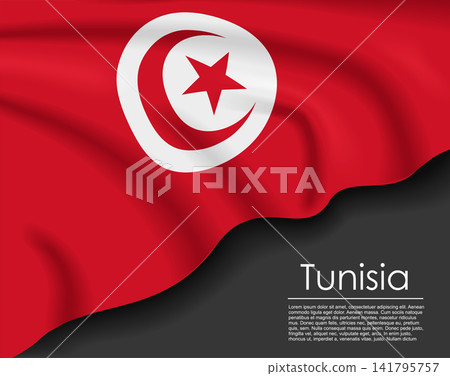 Tunisian waving flag template for national day or travel concept. Vector illustration. Tunisian waving flag template for national day or travel concept. Vector illustration. 141795757