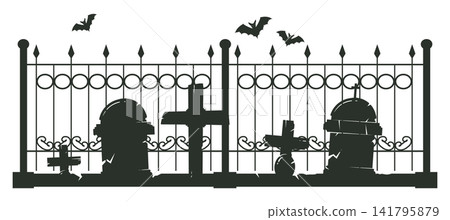 Graveyard entrance with tombstones. Halloween cemetery gates, iron fence and bats flat vector illustration set. Gothic cemetery silhouettes isolated on white background Graveyard entrance with tombstones. Halloween cemetery gates, iron fence and bats flat vector illustration set. Gothic cemetery silhouettes isolated on white background 141795879