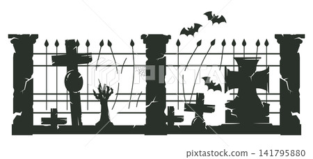 Halloween cemetery silhouette. Graveyard fence, tombstones, bats and zombie hand flat vector illustration set. Gothic spooky border isolated on white background Halloween cemetery silhouette. Graveyard fence, tombstones, bats and zombie hand flat vector illustration set. Gothic spooky border isolated on white background 141795880