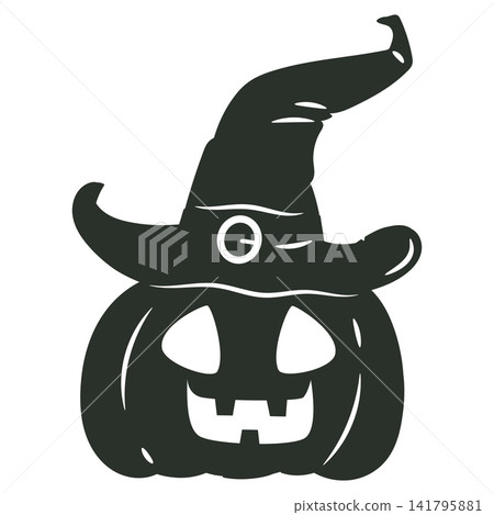 Halloween pumpkin silhouette. Jack o lantern wearing witch hat flat vector illustration. Spooky holiday icon isolated on white background Halloween pumpkin silhouette. Jack o lantern wearing witch hat flat vector illustration. Spooky holiday icon isolated on white background 141795881