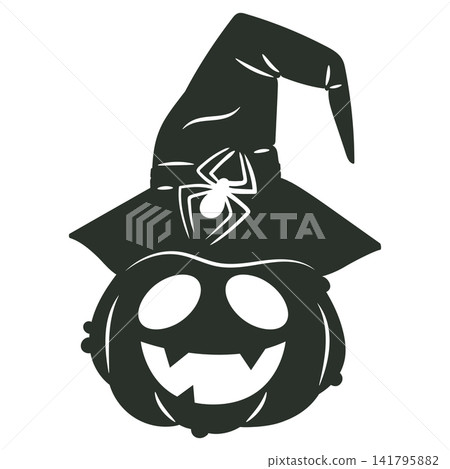 Halloween pumpkin silhouette. Jack o lantern wearing witch hat with spider flat vector illustration. Spooky holiday icon isolated on white background Halloween pumpkin silhouette. Jack o lantern wearing witch hat with spider flat vector illustration. Spooky holiday icon isolated on white background 141795882