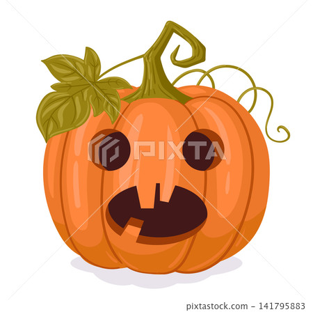 Halloween pumpkin. Carved jack o lantern with smiling face flat vector illustration. Autumn holiday decoration isolated on white background Halloween pumpkin. Carved jack o lantern with smiling face flat vector illustration. Autumn holiday decoration isolated on white background 141795883