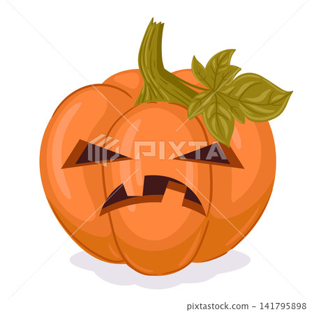 Spooky Halloween pumpkin. Angry jack o lantern with carved face flat vector illustration. Autumn holiday decoration isolated on white background 141795898