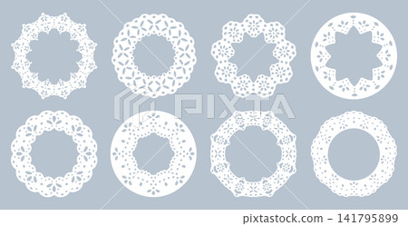 White lace doily frames. Round crochet lace doilies with decorative patterns flat vector illustration set. Circular table ornaments collection White lace doily frames. Round crochet lace doilies with decorative patterns flat vector illustration set. Circular table ornaments collection 141795899