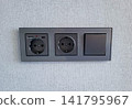 A gray block with a switch and sockets on a light colored wall. 141795967