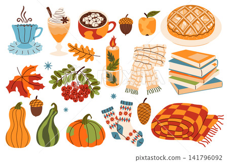 Autumn vector set featuring cozy hygge elements like pumpkins, hot drinks, a pie, warm scarf, blankets, books, and colorful fall leaves. This flat illustration is perfect for seasonal designs. Autumn vector set featuring cozy hygge elements like pumpkins, hot drinks, a pie, warm scarf, blankets, books, and colorful fall leaves. This flat illustration is perfect for seasonal designs. 141796092