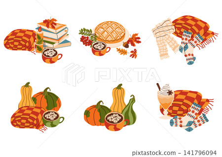 Cozy hygge autumn vector composition set with six flat pre-made arrangements featuring pumpkins, warm blankets, hot chocolate, fresh pie, books, and winter socks. Seasonal clip art isolated on white. Cozy hygge autumn vector composition set with six flat pre-made arrangements featuring pumpkins, warm blankets, hot chocolate, fresh pie, books, and winter socks. Seasonal clip art isolated on white. 141796094