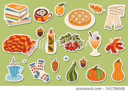 Cozy hygge autumn sticker set featuring flat vector illustrations of pumpkins, a pie, hot cocoa, books, winter socks, blanket, and fall leaves with white borders on a green background. Cozy hygge autumn sticker set featuring flat vector illustrations of pumpkins, a pie, hot cocoa, books, winter socks, blanket, and fall leaves with white borders on a green background. 141796098