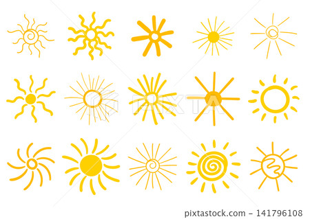 Hand drawn yellow sun doodle set featuring fifteen flat vector icons with various rays, spirals, and scribbles isolated on a white background. Minimalist summer and weather sketch elements. Hand drawn yellow sun doodle set featuring fifteen flat vector icons with various rays, spirals, and scribbles isolated on a white background. Minimalist summer and weather sketch elements. 141796108
