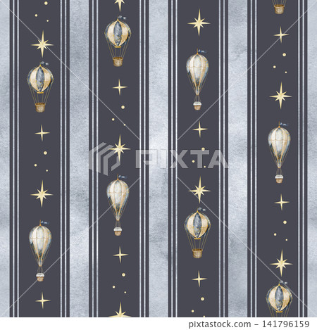 Celestial seamless watercolor pattern with hot air balloons and golden stars isolated on dark blue background. Vertical repeat with aircrafts for fabric, wallpaper, nursery textiles and wrapping paper Celestial seamless watercolor pattern with hot air balloons and golden stars isolated on dark blue background. Vertical repeat with aircrafts for fabric, wallpaper, nursery textiles and wrapping paper 141796159