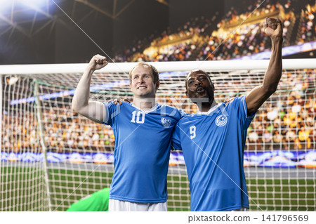 Soccer teammates celebrating match victory on pitch after goal, players screaming and hugging, cheering with arms raised and clenched fists. Goal aftermath with excitement and joy. Soccer teammates celebrating match victory on pitch after goal, players screaming and hugging, cheering with arms raised and clenched fists. Goal aftermath with excitement and joy. 141796569