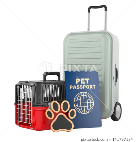 Suitcase, pet carrier and pet passport. Travel with pets, animal transportation and trip document preparation, 3D rendering Suitcase, pet carrier and pet passport. Travel with pets, animal transportation and trip document preparation, 3D rendering 141797154