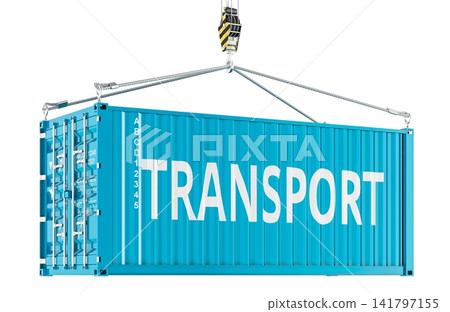 Transport and Logistics concept with cargo container lifted by crane. 3D rendering Transport and Logistics concept with cargo container lifted by crane. 3D rendering 141797155
