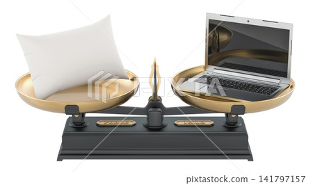 Balance scale with pillow and laptop, work and life balance concept. 3D rendering Balance scale with pillow and laptop, work and life balance concept. 3D rendering 141797157