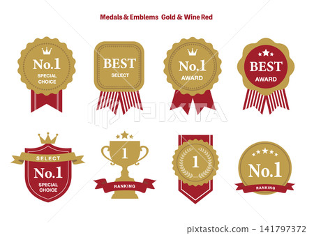 Set of 8 gold and wine red medal emblems (No. 1, ranking, award badge, trophy) 141797372
