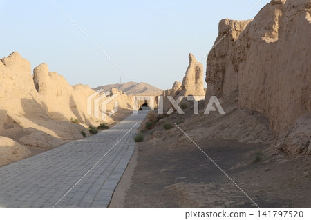 Jiaohe Ancient City, one of the famous landmarks in Turpan, Xinjiang Uyghur Autonomous Region, China's Silk Road. 141797520