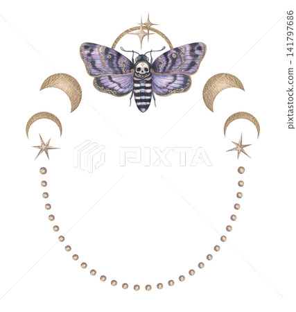 Oval wreath with death head hawkmoth and gold moon phase. Hand drawn watercolor purple Acherontia atropos with crescent and bead frame. Celestial template for halloween design. Gothic witchy graphic. Oval wreath with death head hawkmoth and gold moon phase. Hand drawn watercolor purple Acherontia atropos with crescent and bead frame. Celestial template for halloween design. Gothic witchy graphic. 141797686