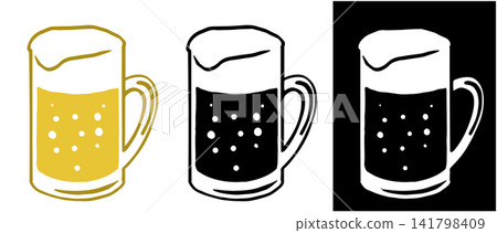 Beer in woodblock print-style mugs - color and monochrome set Beer in woodblock print-style mugs - color and monochrome set 141798409
