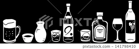 Woodblock print style illustration of alcoholic beverages with a dark background. Woodblock print style illustration of alcoholic beverages with a dark background. 141798410