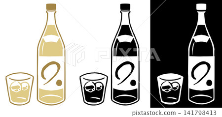 木版畫風格的燒酒(日本清酒)和玻璃器皿套裝(彩色和單色) 木版畫風格的燒酒(日本清酒)和玻璃器皿套裝(彩色和單色) 141798413