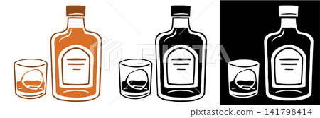 木版畫風格的威士忌酒瓶和酒杯套裝（彩色和單色） 141798414