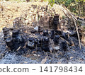 Burnt bamboo stumps and ash heap in rural tropical landscape after traditional charcoal making process 141798434