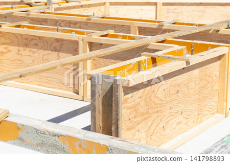 Construction of the foundation of a house, slab foundation, concrete, and concrete floor Construction of the foundation of a house, slab foundation, concrete, and concrete floor 141798893