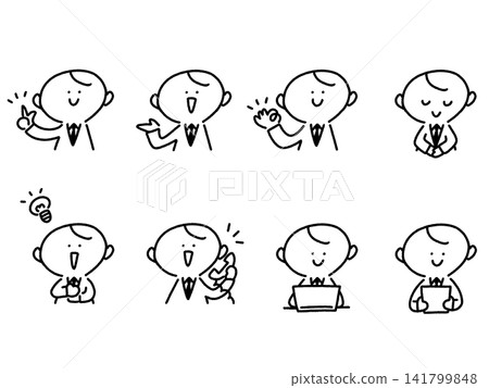 Cute hand-drawn business man set - line art: greeting, OK, inspiration, phone, computer, bowing Cute hand-drawn business man set - line art: greeting, OK, inspiration, phone, computer, bowing 141799848