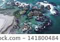 從空中俯瞰渡鞠川河口和日本海沿岸風光，北海道島卷村。 141800484