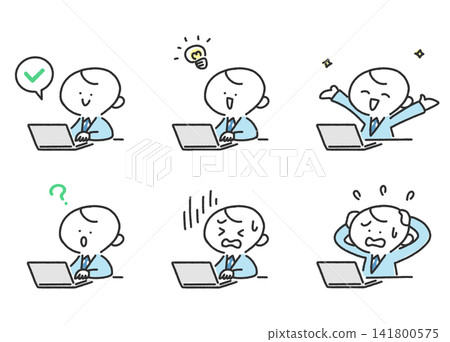 A set of hand-drawn line art depicting the expressions and emotions of a cute business man working on his computer. A set of hand-drawn line art depicting the expressions and emotions of a cute business man working on his computer. 141800575