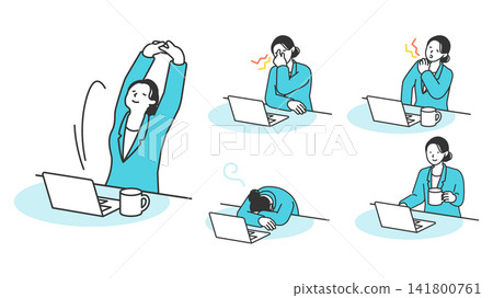 A woman tired from desk work refreshes herself with stretches and breaks during computer work. A woman tired from desk work refreshes herself with stretches and breaks during computer work. 141800761