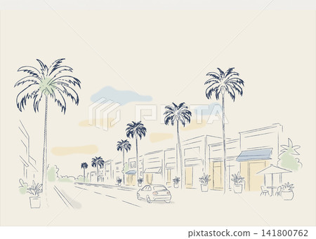 A line drawing illustration of a stylish overseas streetscape lined with palm trees. A line drawing illustration of a stylish overseas streetscape lined with palm trees. 141800762
