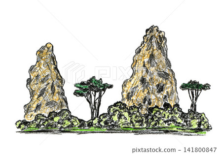 Drawing charcoal and colored pencils. Wildlife, high mountains, trees, shrubs. Landscapes of Africa, Asia, China. Illustration for the decor of greeting cards, tourism, travel. Drawing charcoal and colored pencils. Wildlife, high mountains, trees, shrubs. Landscapes of Africa, Asia, China. Illustration for the decor of greeting cards, tourism, travel. 141800847