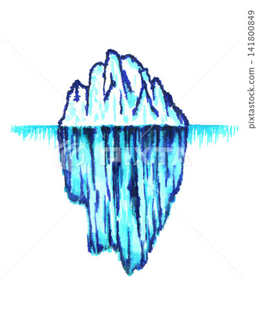 Drawing of a blue iceberg floating in the ocean. Melting block of ice, arctic nature. Hand drawn bright watercolor illustration for global warming, ecology design, stickers, prints, cards. Drawing of a blue iceberg floating in the ocean. Melting block of ice, arctic nature. Hand drawn bright watercolor illustration for global warming, ecology design, stickers, prints, cards. 141800849