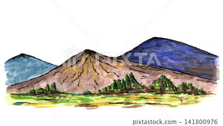 Colorful vibrant wildlife landscape of mountainous countries. Hand drawn watercolor illustration for the design of postcards, prints, banners, albums, views of nature. Colorful vibrant wildlife landscape of mountainous countries. Hand drawn watercolor illustration for the design of postcards, prints, banners, albums, views of nature. 141800976