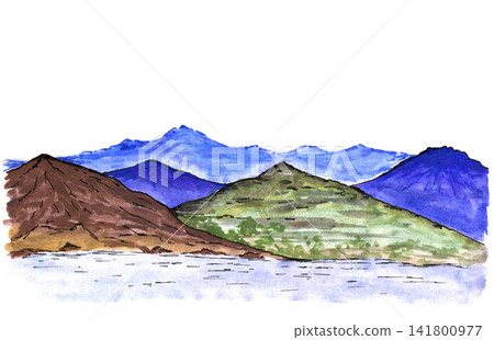 Hand drawn watercolor colorful landscape of wild mountain nature. Panoramic horizontal drawing, blue rocks, peaks, slopes. Illustration for tourism, travel, climbing. Hand drawn watercolor colorful landscape of wild mountain nature. Panoramic horizontal drawing, blue rocks, peaks, slopes. Illustration for tourism, travel, climbing. 141800977