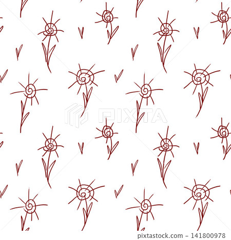 Minimalistic simple seamless pattern for decoration of fabric, packaging, wrapping paper. Abstract flowers of spines are drawn in brown outline on a white background. Minimalistic simple seamless pattern for decoration of fabric, packaging, wrapping paper. Abstract flowers of spines are drawn in brown outline on a white background. 141800978