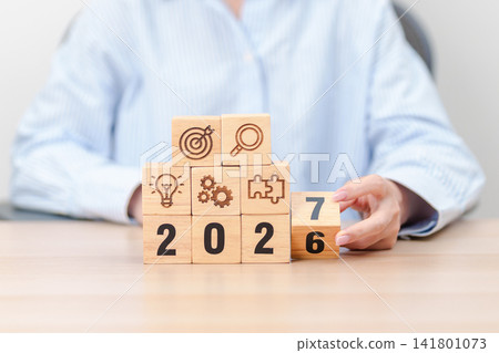 2027 year block with business icon. Goal, Target, Resolution, strategy, plan, Action, mission, motivation, and New Year start concepts 141801073