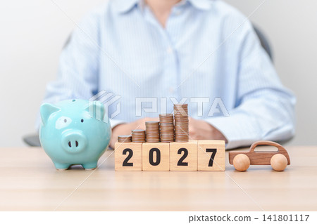 Happy New Year 2027 with car model and Coins Money stack for deposit and Automobile Tax. Money Saving, Car Insurance, Financial, vehicle Repair and Maintenance and New Year concept Happy New Year 2027 with car model and Coins Money stack for deposit and Automobile Tax. Money Saving, Car Insurance, Financial, vehicle Repair and Maintenance and New Year concept 141801117