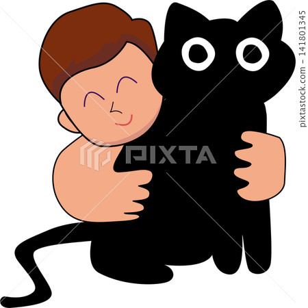 Cartoon Illustration of Person Hugging black cat Figure Cartoon Illustration of Person Hugging black cat Figure 141801345