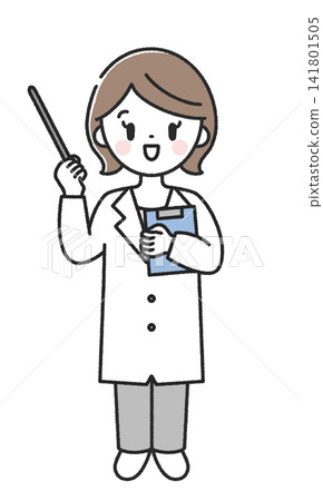 Female doctor holding a pointing stick (full body) Female doctor holding a pointing stick (full body) 141801505