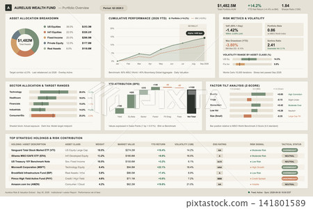 Financial Investment Portfolio Performance Dashboard with Asset Allocation and Risk Metrics Financial Investment Portfolio Performance Dashboard with Asset Allocation and Risk Metrics 141801589
